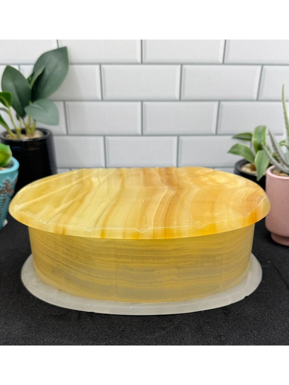 Yellow & White Onyx Oval Jewelry Box With Hinged Lid Decorative Storage Containe
